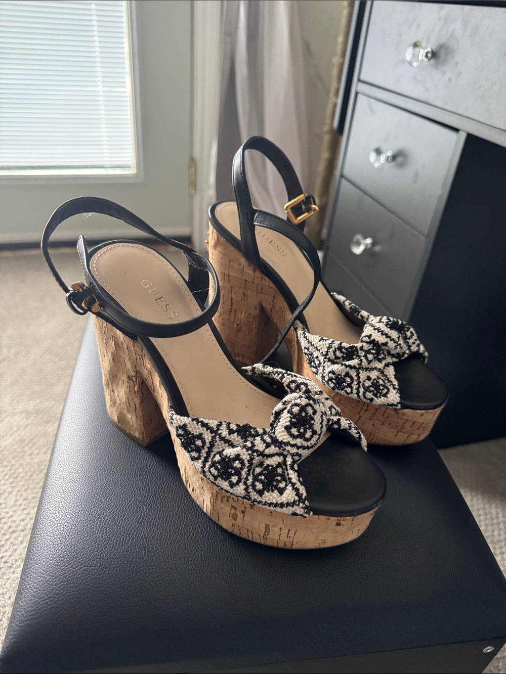 Guess Black & White Cork Platform Sandals